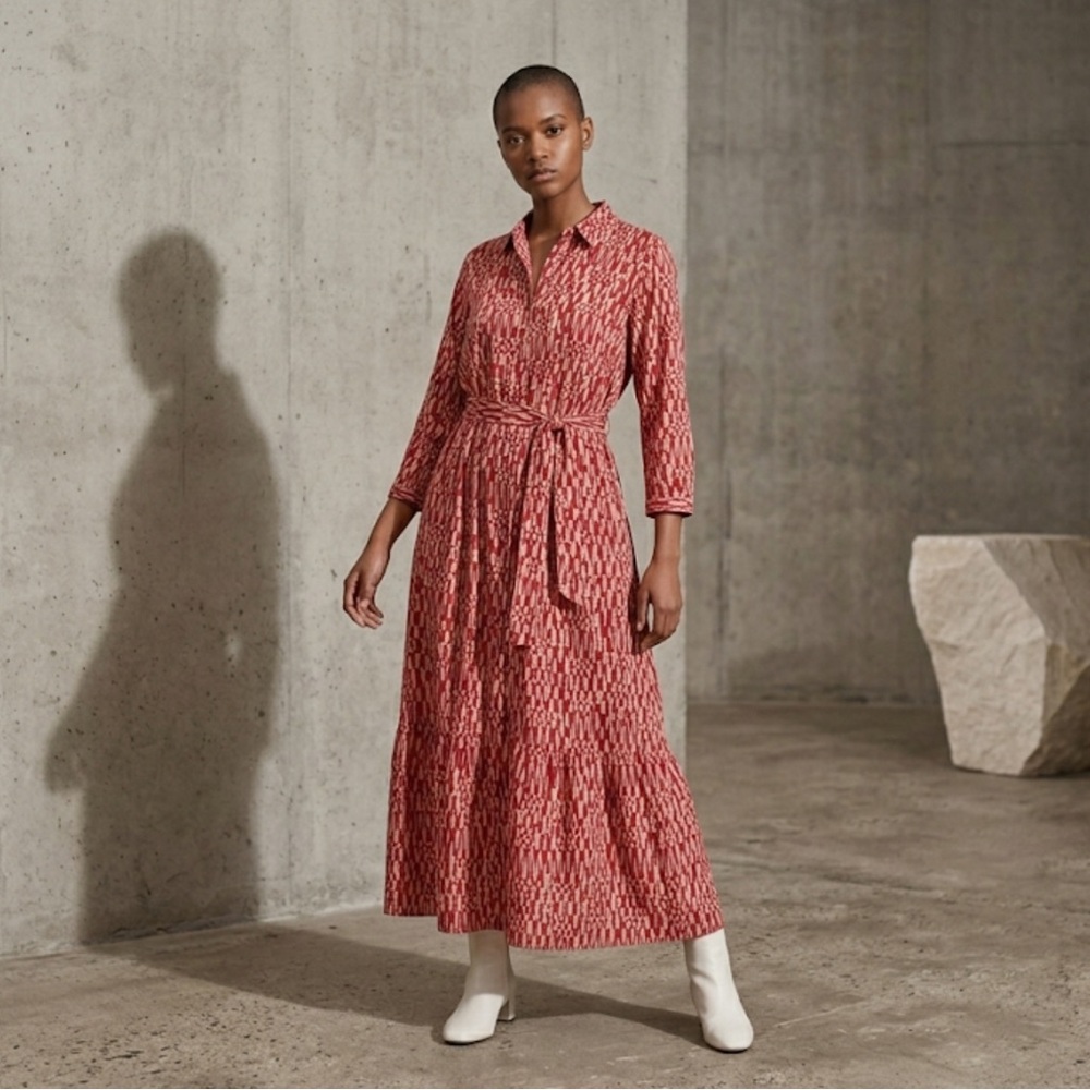 Chico Soleil Long Sleeve Cotton Shirt Dress Abstract Pink Cream Geometric XLarge
